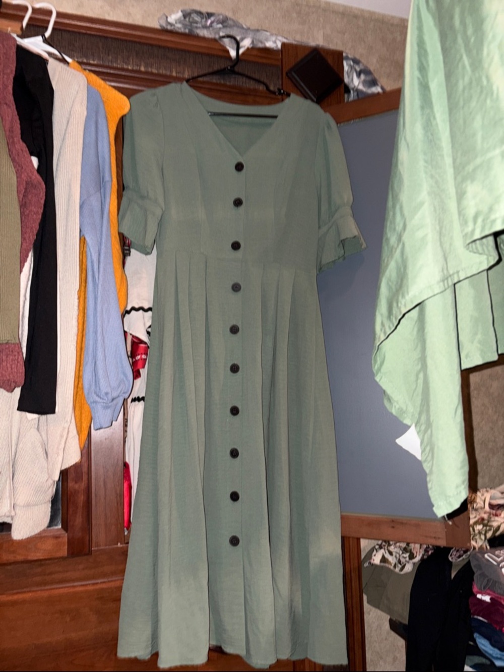 Sage Green Button-Front Midi Dress